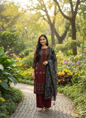 Embroidered & Printed Rayon Palazzo Suit (3-Piece)