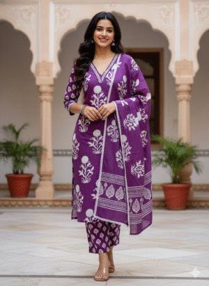 Floral Block Print Set with Embroidered Neck Material