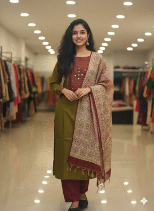 Elegant Cotton Salwar Suit with Mirror Work & Printed Dupatta